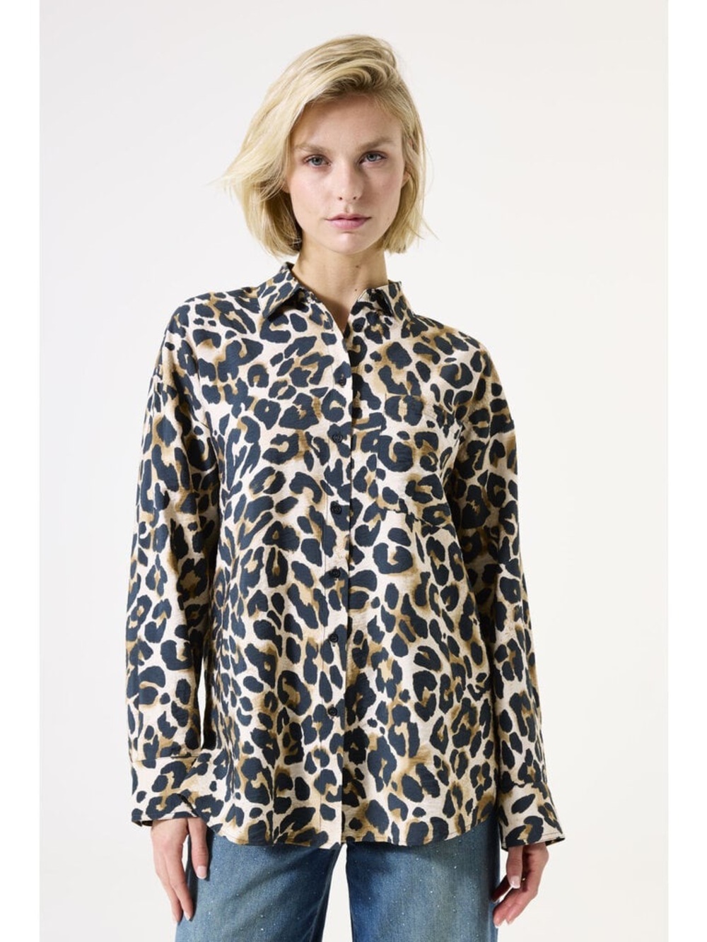 Garcia Leopard Print Button-Front Shirt - Beige/Black, Sz L